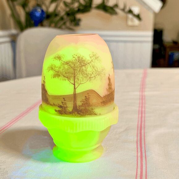 Vintage Fenton Burmese Glass Fairy Lamp Hand Painted Tall Trees - Picture 2 of 8